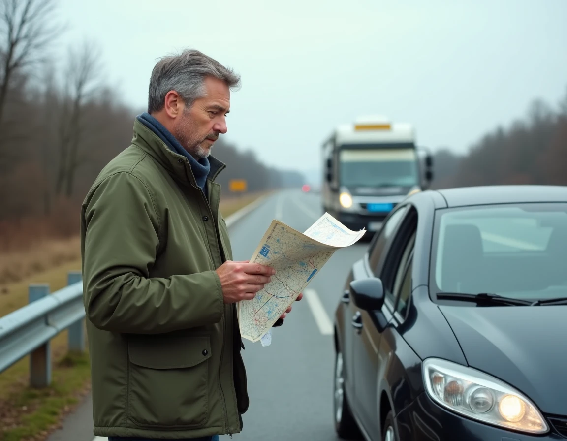 Homme consultant une carte routière près d'une plaque d'immatriculation en L à un poste frontière européen