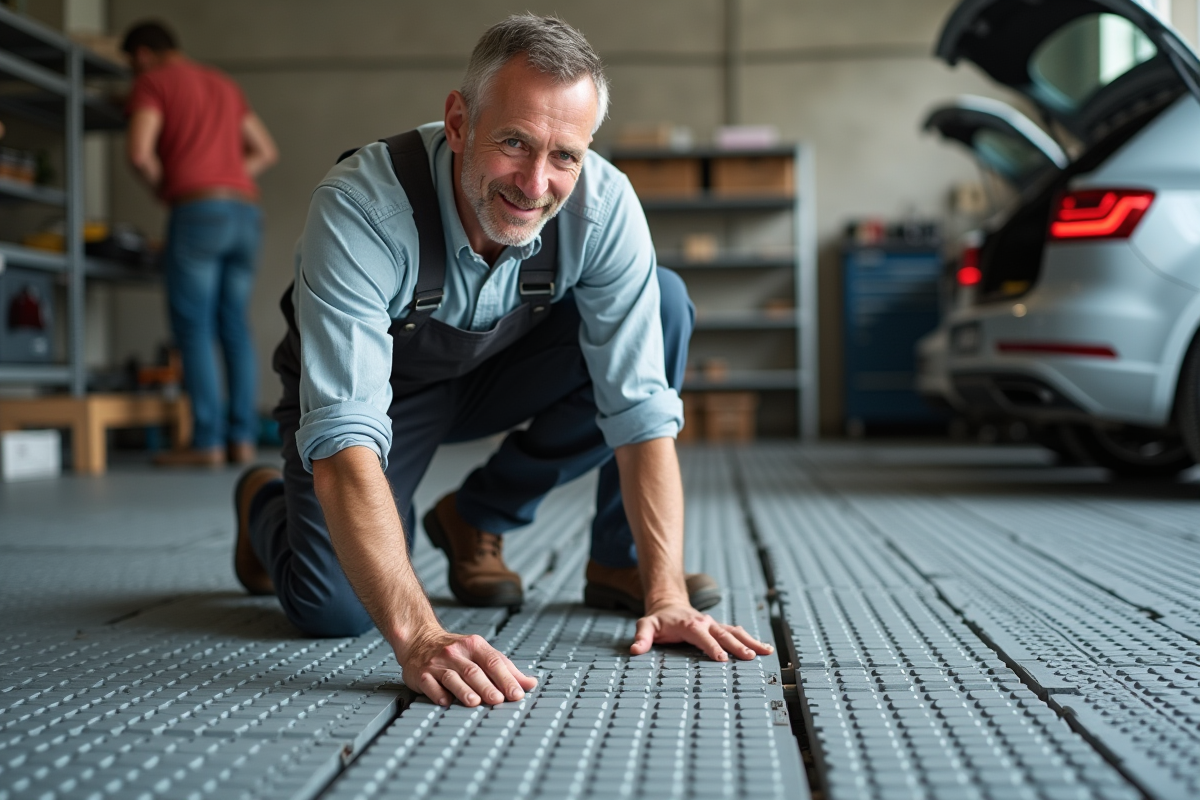Homme en salopette posant des carreaux PVC dans un garage