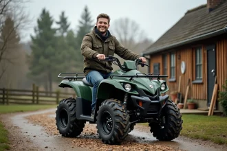 Homme souriant avec quad électrique en campagne