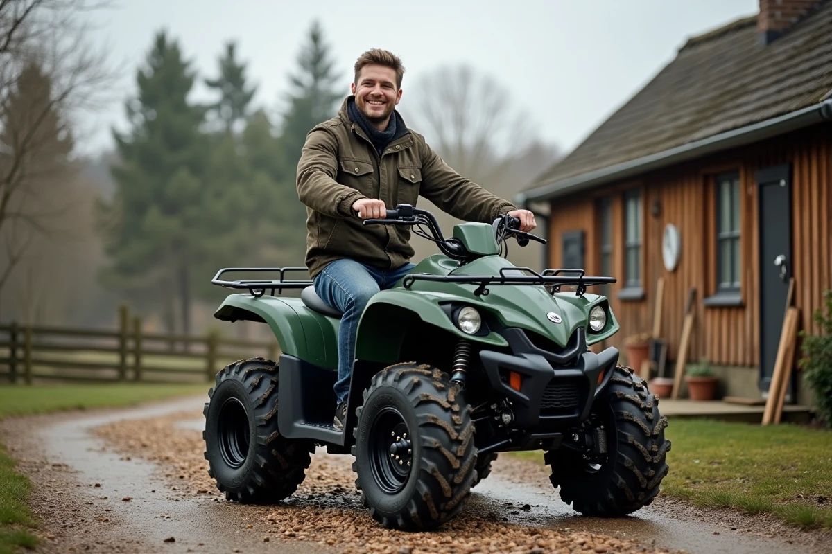 Homme souriant avec quad électrique en campagne