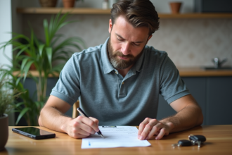 Homme d'âge moyen remplissant papiers de transfert voiture