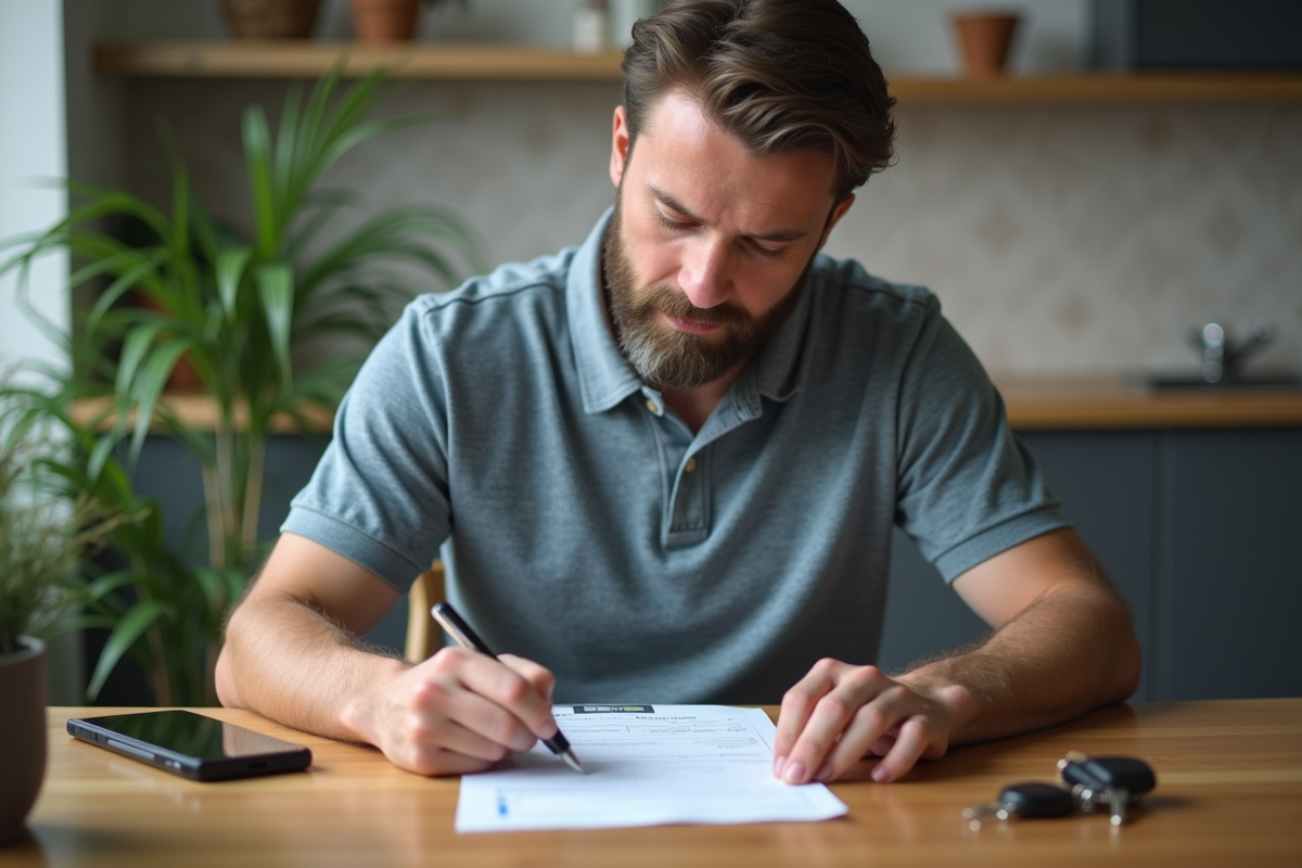 Homme d'âge moyen remplissant papiers de transfert voiture