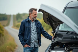 Homme d'âge moyen inspectant le moteur d'une voiture en campagne