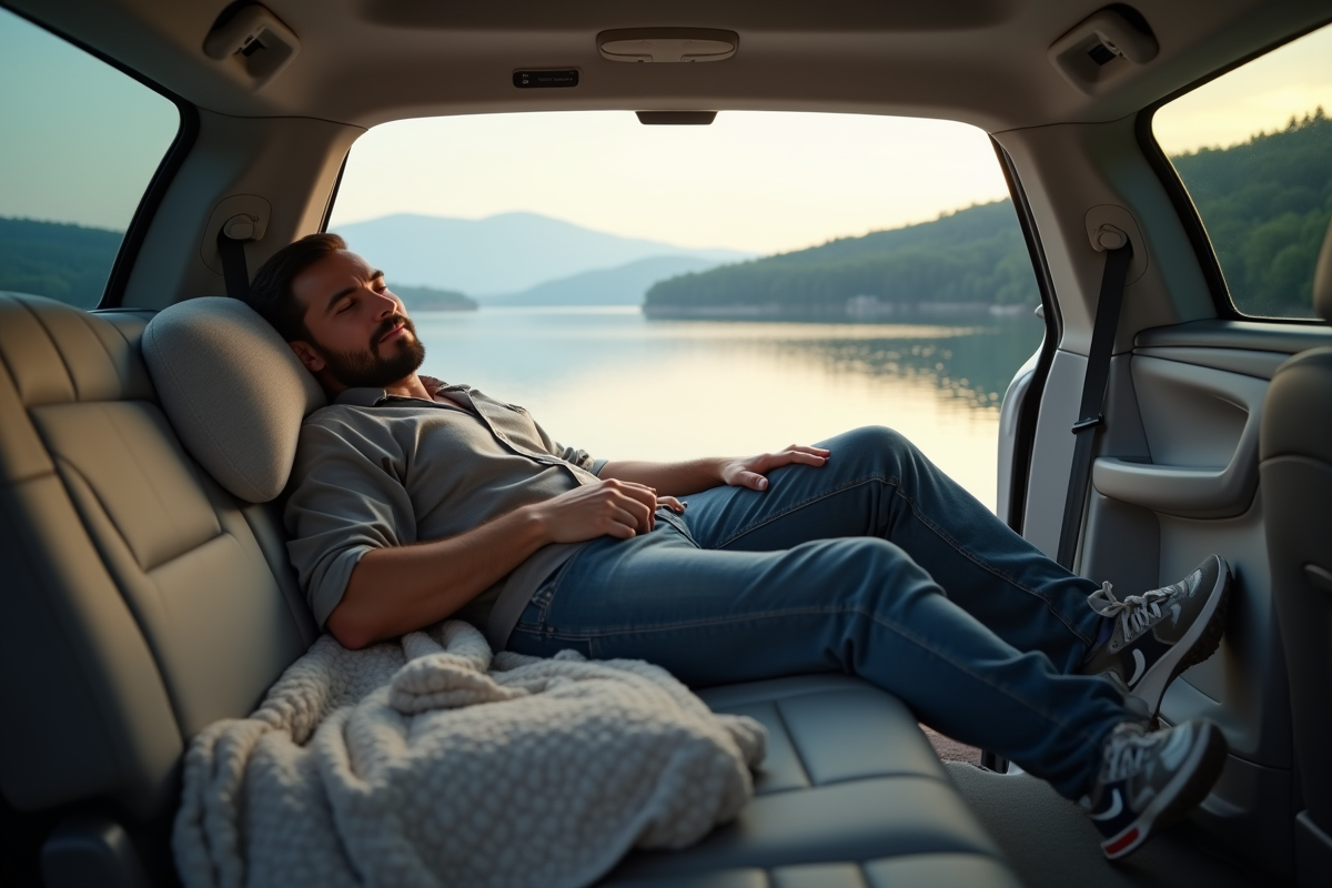 Homme reposant dans une voiture au bord du lac