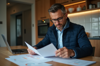 Homme d age reviewant des documents dans une cuisine moderne