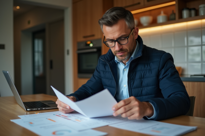 Homme d age reviewant des documents dans une cuisine moderne