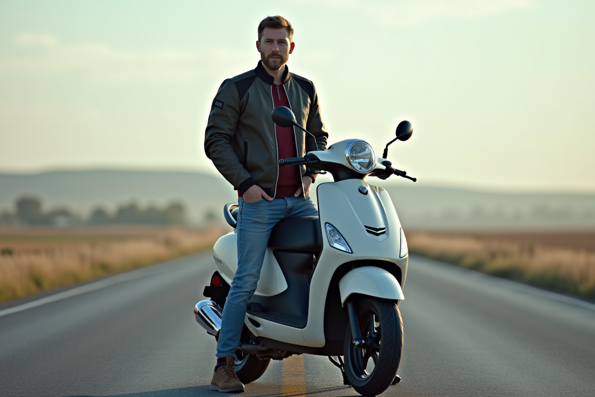 Homme en veste textile moto et scooter sur route ouverte