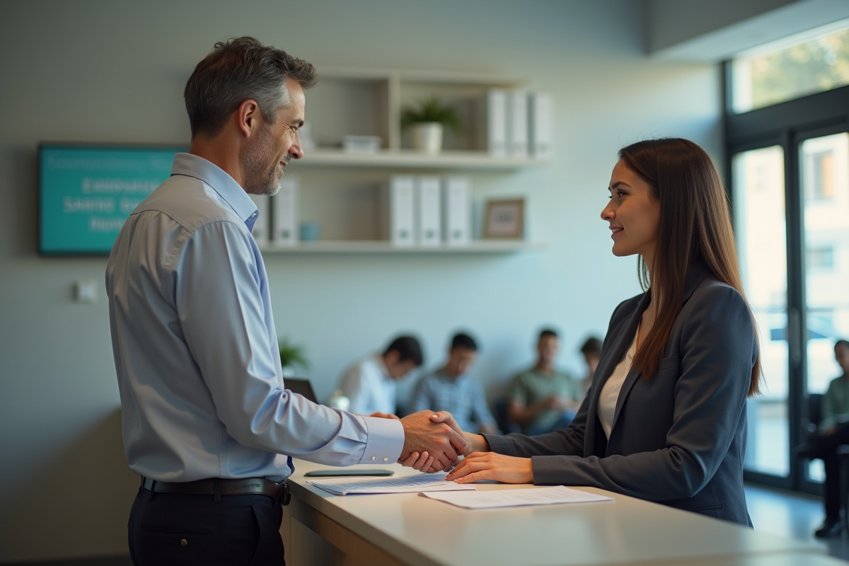 Homme remettant des documents à une employée dans un bureau administratif