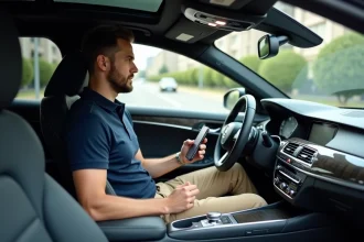 Homme en polo bleu utilisant smartphone dans voiture moderne