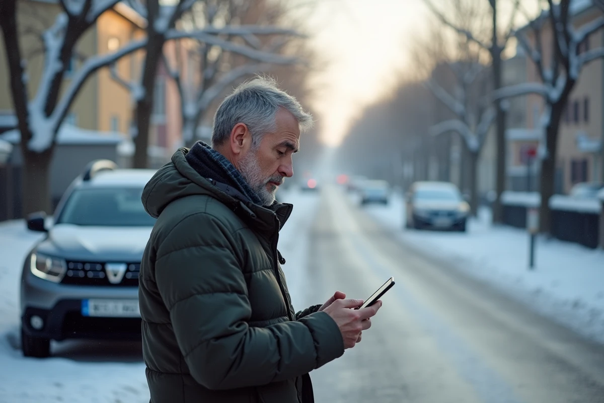 Homme d'âge moyen vérifiant son téléphone près d'une Dacia SUV dans un quartier calme