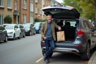 Homme d'âge moyen souriant près d'un SUV urbain
