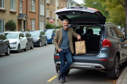 Homme d'âge moyen souriant près d'un SUV urbain