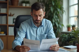 Homme ukrainien examine documents de voiture à son bureau