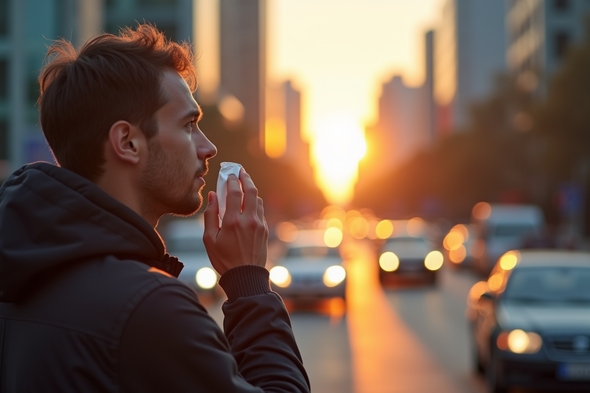 Homme appliquant creme anti pollution en ville au coucher du soleil
