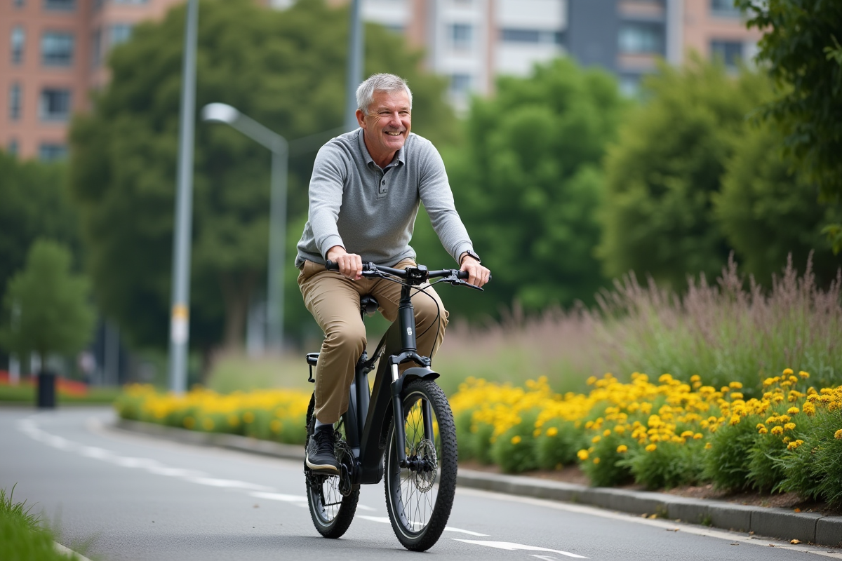 Homme à vélo électrique dans un parc urbain
