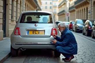 Homme vérifiant une plaque d'immatriculation à Paris