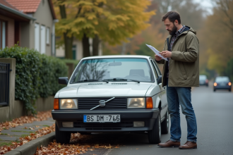 Homme vérifiant les documents de sa voiture dans un quartier résidentiel