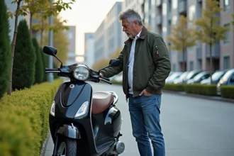 Homme d'âge moyen inspectant un scooter en vente dans un parking urbain