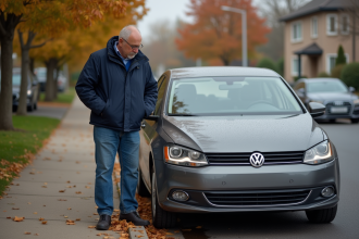 Homme d'âge moyen examine la tête de phare d'une voiture