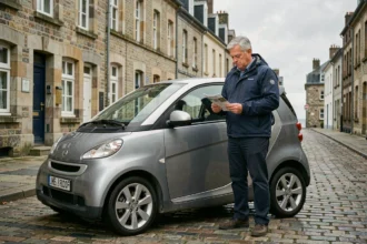 Homme examinant une voiture sans permis dans une rue pavée de Brest avant d'obtenir un devis