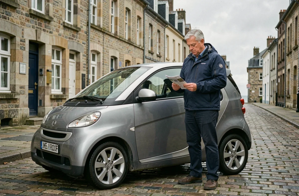 Homme examinant une voiture sans permis dans une rue pavée de Brest avant d'obtenir un devis