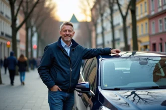 Homme d'âge moyen près d'une voiture urbaine moderne
