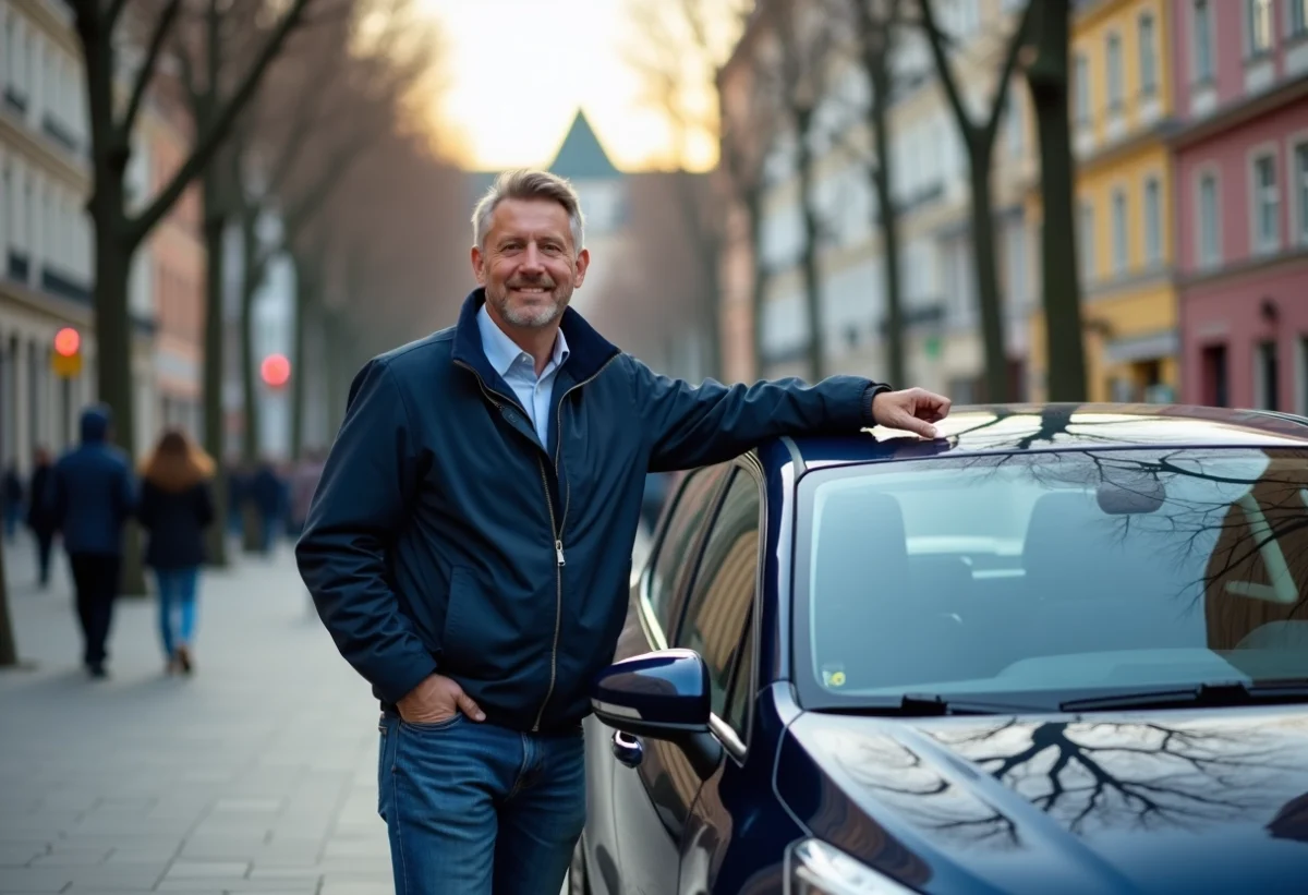 Homme d'âge moyen près d'une voiture urbaine moderne