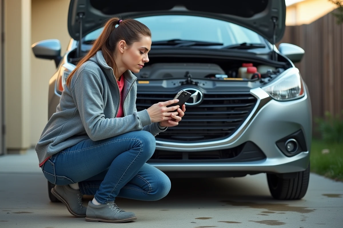 Femme consultant son smartphone pour identifier une pièce auto sous le capot de sa voiture dans une allée résidentielle