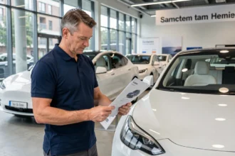 Homme examinant une fiche de voiture électrique dans un showroom automobile allemand