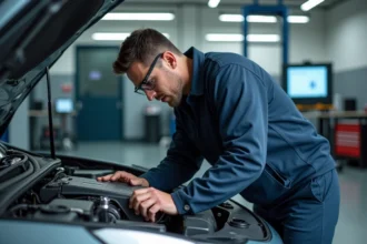 Ingénieur automobile examinant les nouvelles technologies d'un moteur électrique dans un atelier professionnel moderne