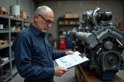 Ingénieur homme examine fiche technique moteur diesel
