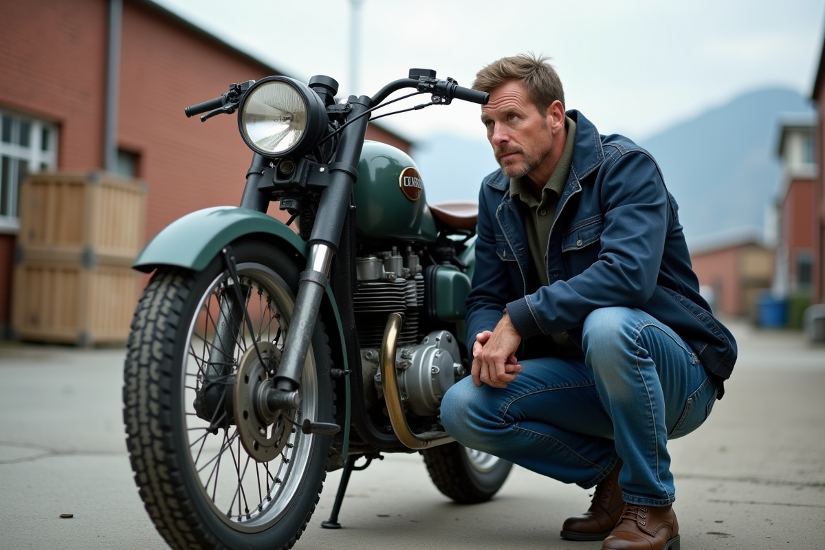 Ingénieur inspectant une moto Ural en extérieur