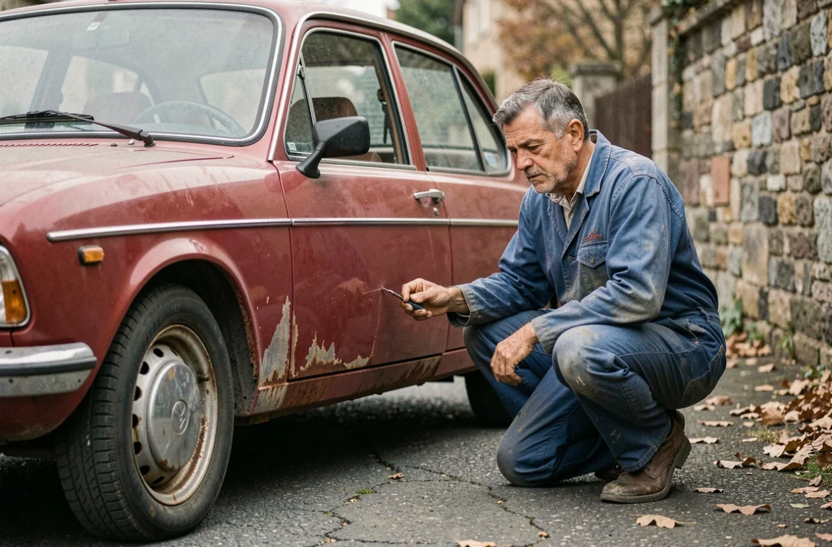 Mécanicien inspectant la carrosserie rouillée d'une Renault 8 rouge avant un achat, vue extérieure en rue pavée