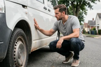 Homme inspectant la carrosserie rouillée d'un fourgon aménagé d'occasion avant achat, vérifiant les défauts cachés sous la caisse