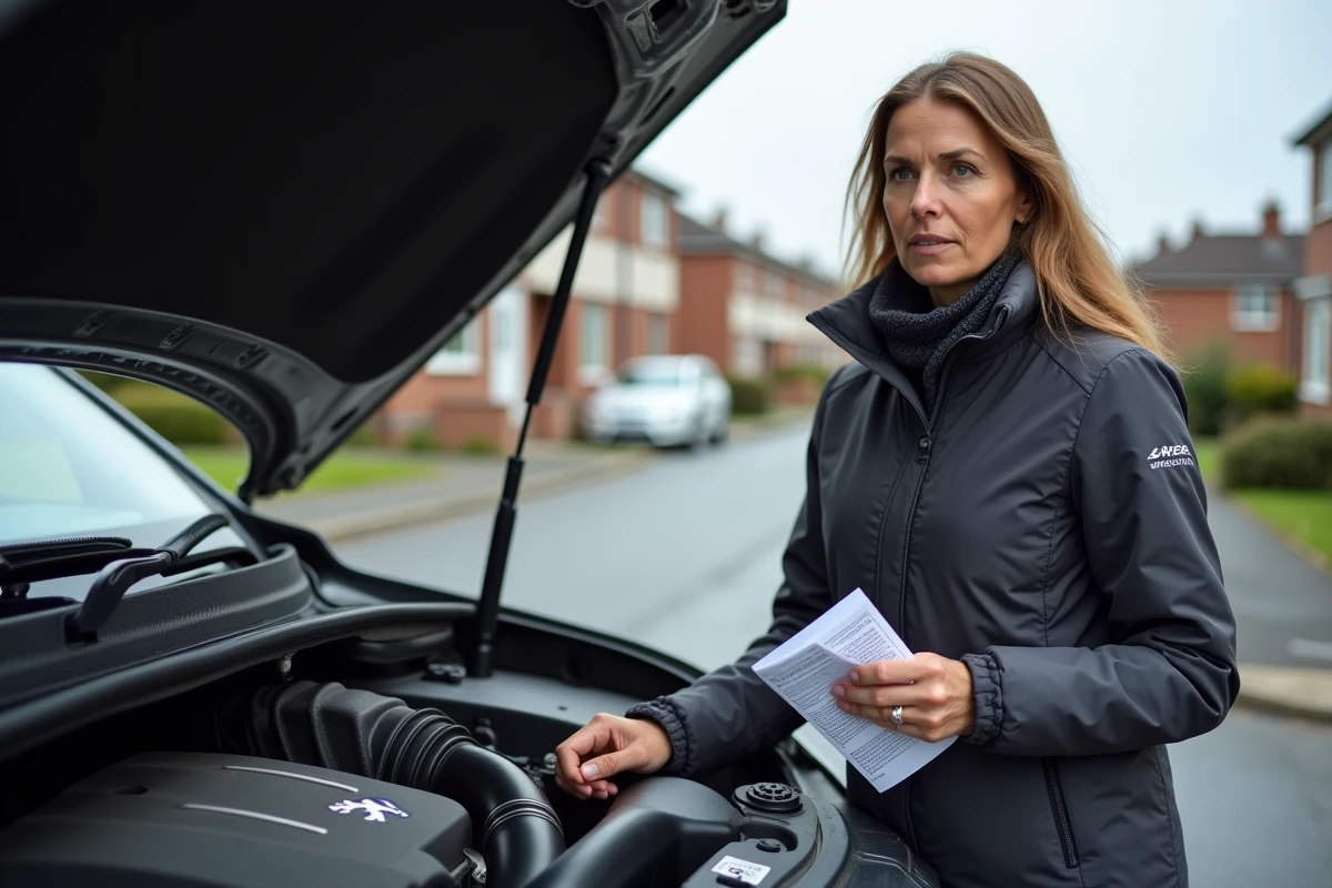 Femme inspectant le moteur d'une Peugeot 2008 après l'apparition d'un voyant orange au tableau de bord
