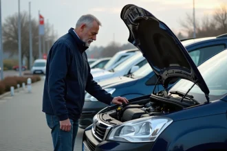 Homme inspectant le moteur d'une Peugeot Partner Tepee