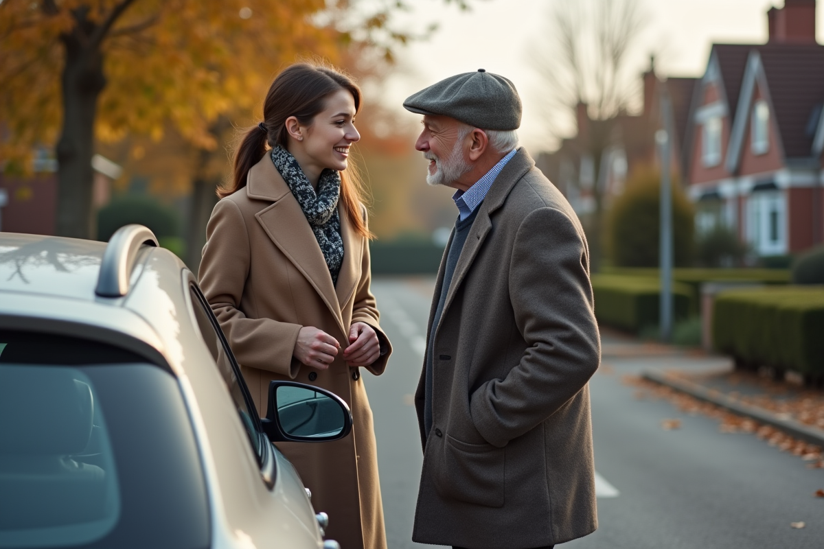 Femme et père inspectant la voiture en quartier résidentiel