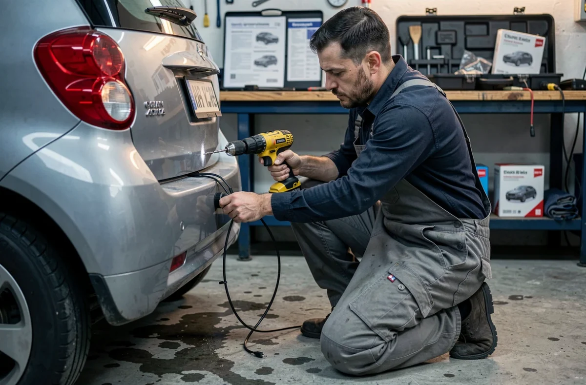 Mécanicien installant des capteurs de stationnement sur une voiture sans permis dans un garage urbain