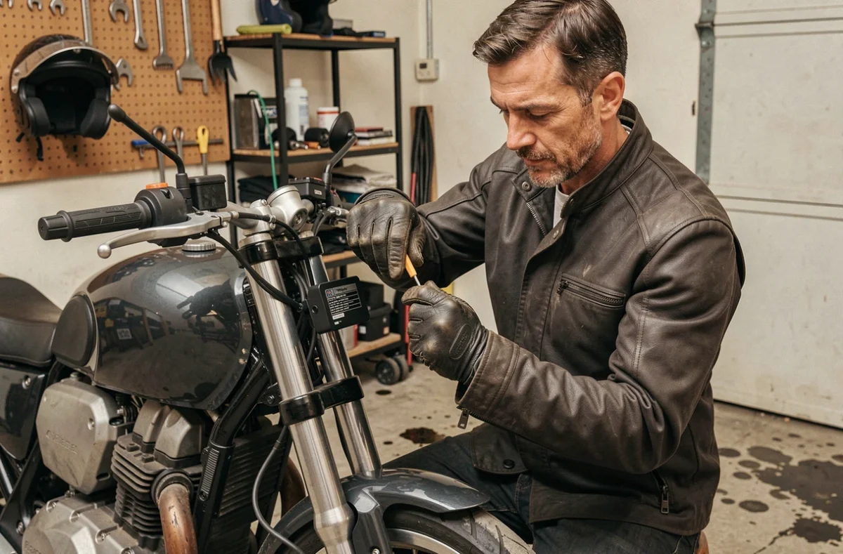 Motard installant un porte-vignette assurance en aluminium sur la fourche de sa moto dans un garage