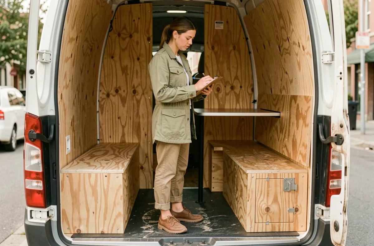 Femme évaluant l'aménagement intérieur d'un fourgon aménagé d'occasion, inspectant la qualité des matériaux et la construction DIY