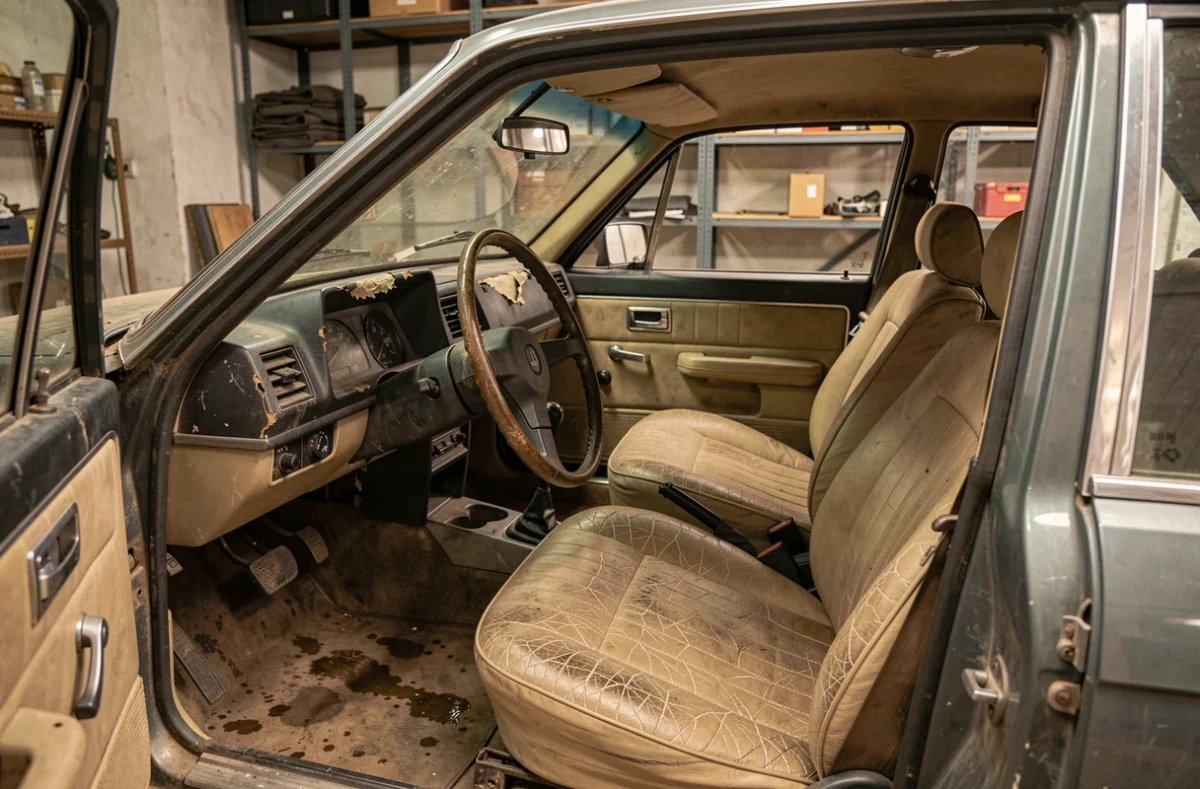 Intérieur dégradé d'une Renault 10 ancienne avec sièges fissurés et tableau de bord abîmé à inspecter avant achat