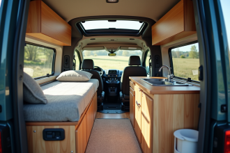 Intérieur d'un van Peugeot Expert bien organisé pour voyager