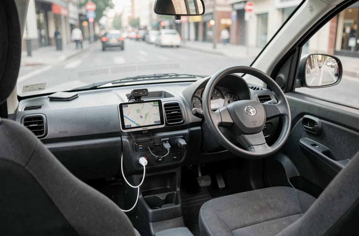 Intérieur aménagé d'une voiture sans permis avec GPS, chargeur USB et couvre-siège adaptés
