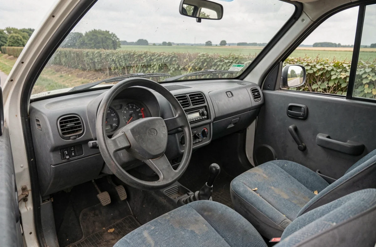 Intérieur d'une voiture sans permis d'occasion avec tableau de bord et sièges usagés en Sarthe