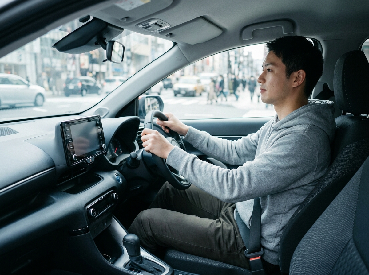 Jeune conducteur sans permis au volant d'une voiture de location automatique en milieu urbain