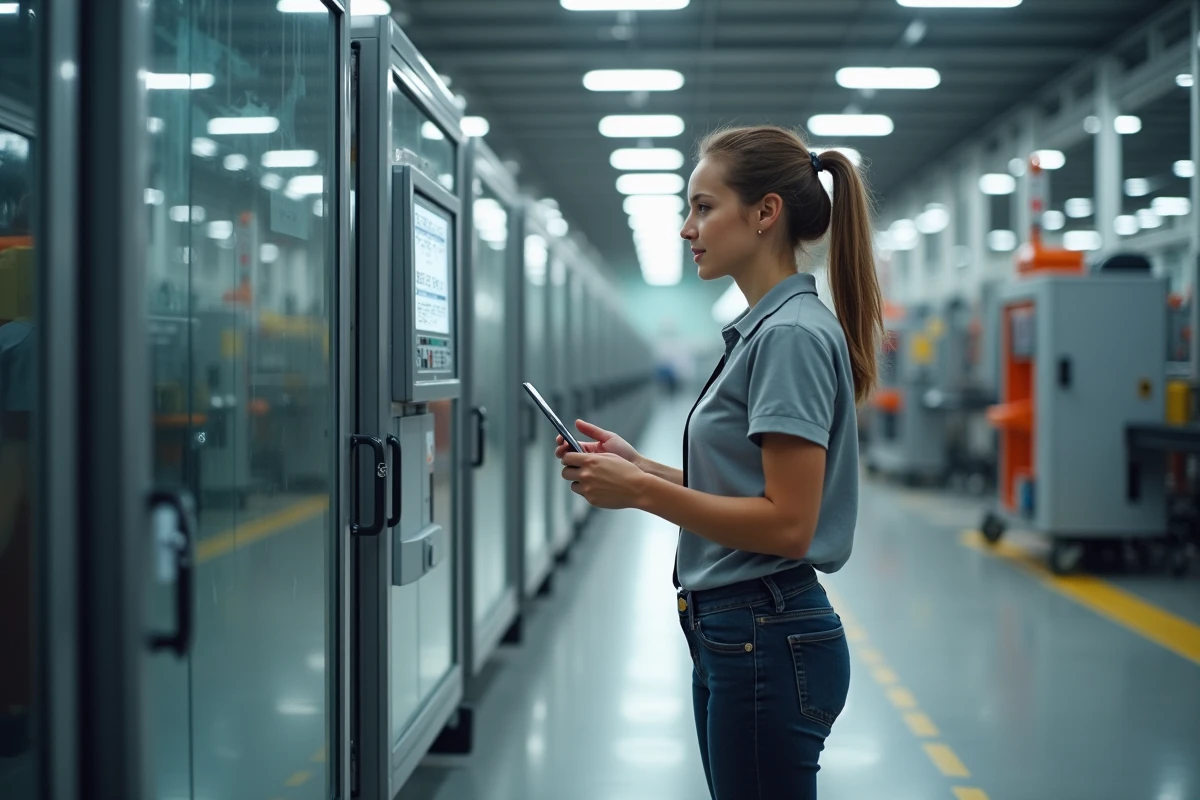 Jeune ingénieure surveillant une ligne de production automatisée