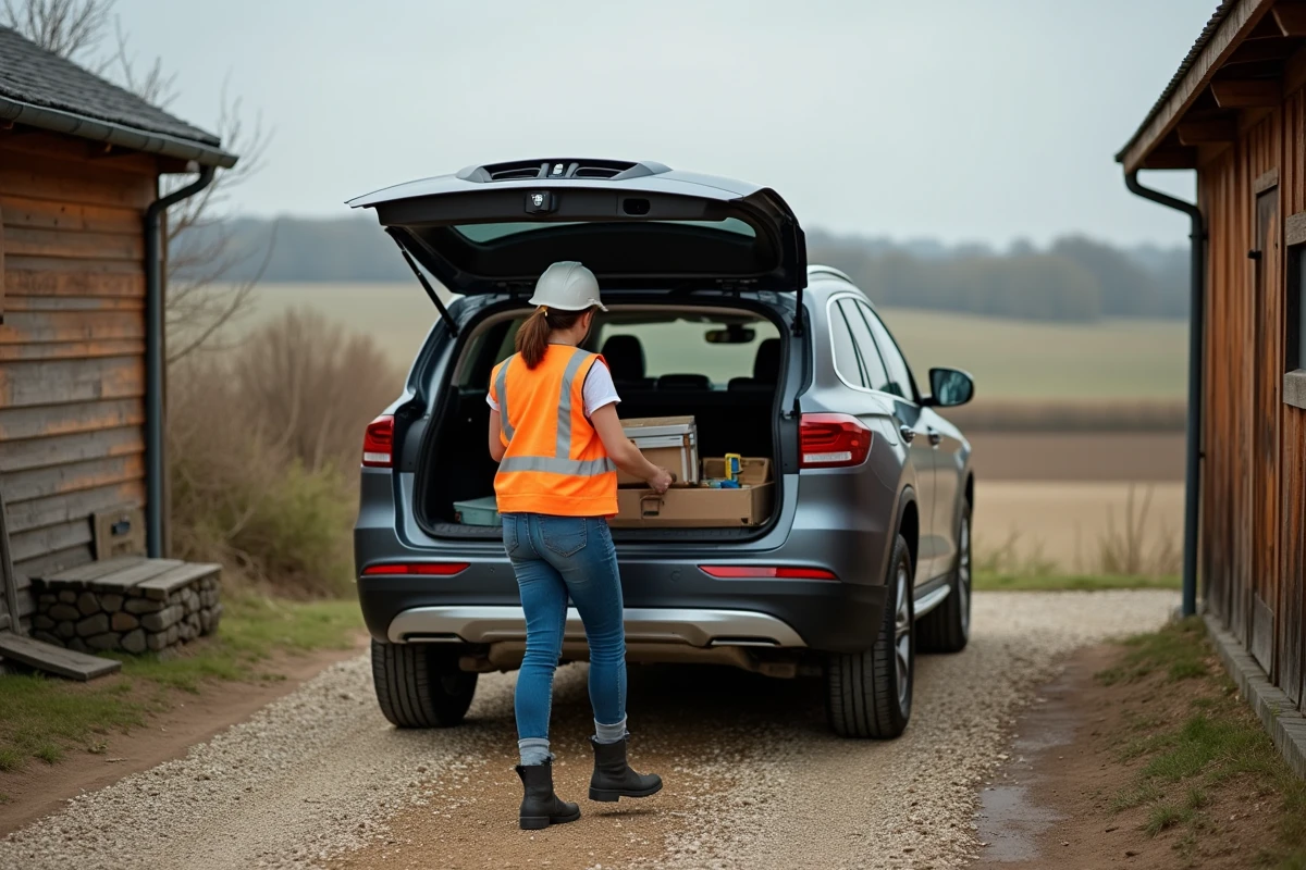 Jeune femme chargeant outils dans un 4x4 rural