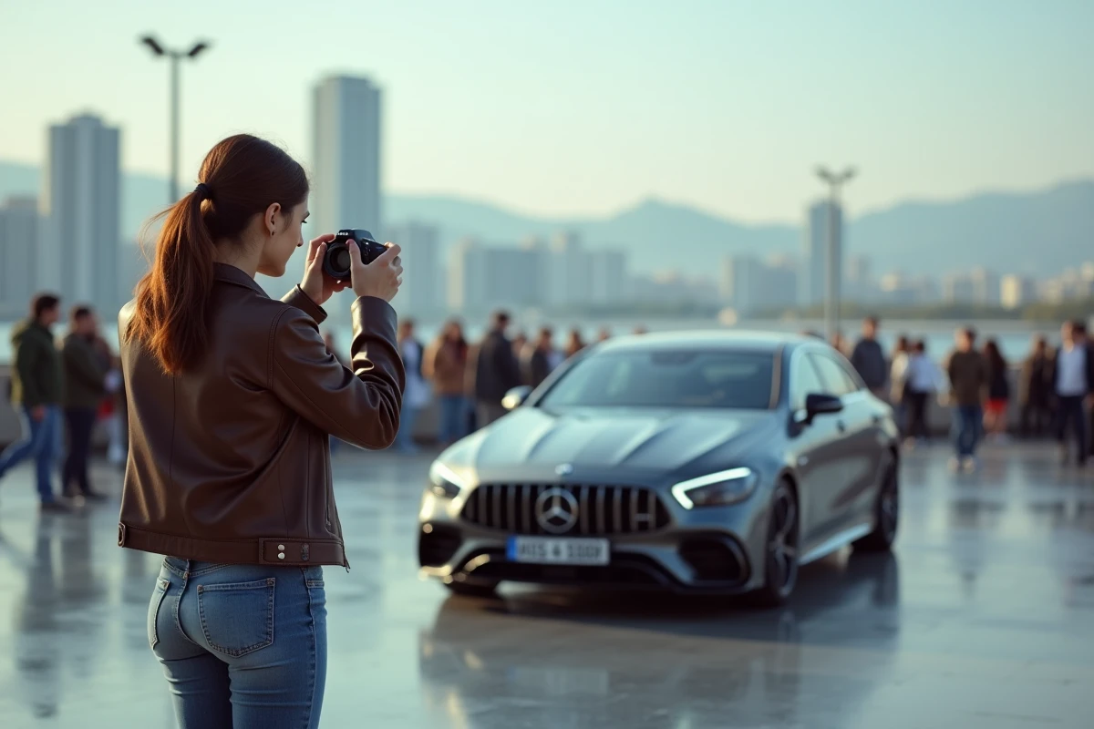 Jeune femme passionnee prenant en photo une voiture