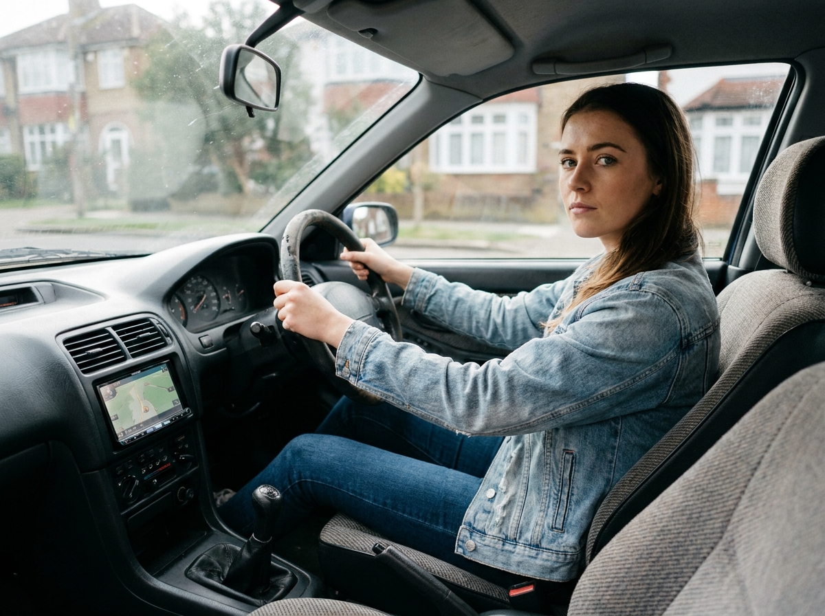 Jeune femme tenant le volant d'une voiture compacte, assise en position de conduite lors de sa première leçon de conduite