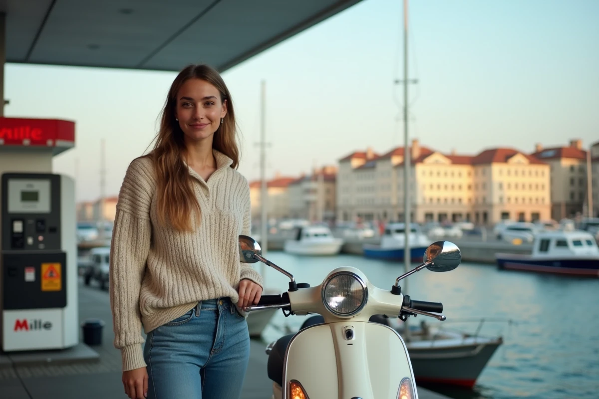 Jeune femme remplissant son scooter à la station Mille